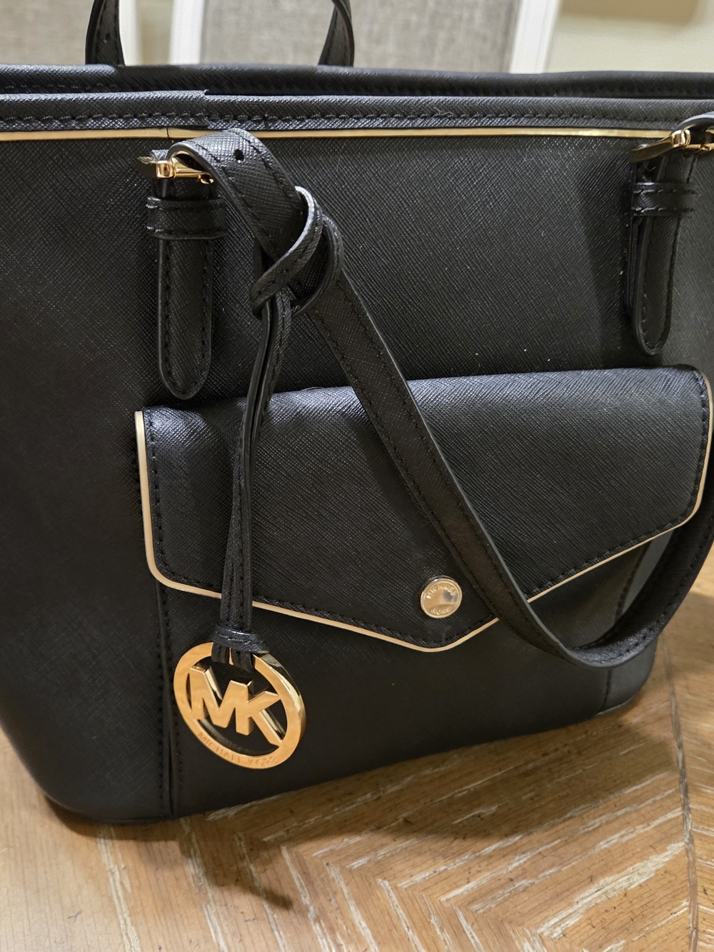 Michael Kors Black Saffiano Satchel with Gold MK Charm